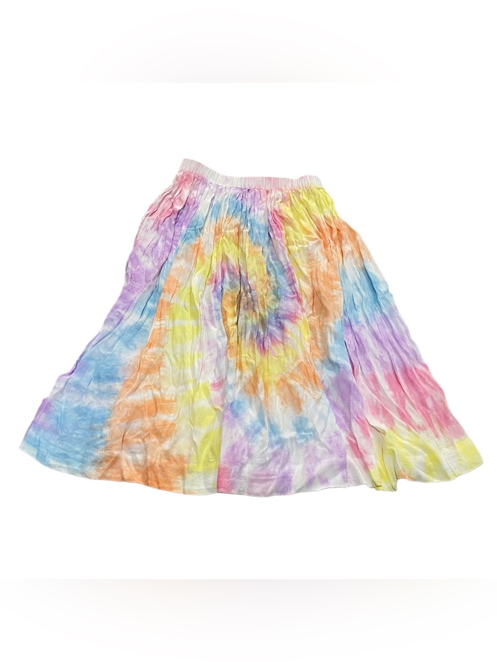 S/W/F Boutique Whirl Rainbow Tie Dye Rayon Flowy Midi Skirt Small